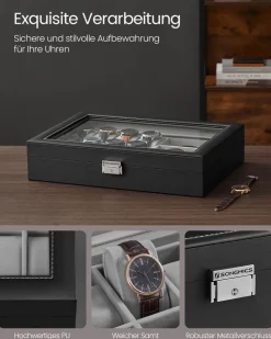 Uhrenboxen<SONGMICS Abschließbare Uhrenbox mit 16 Fächern tintenschwarz