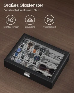 Uhrenboxen<SONGMICS Abschließbare Uhrenbox mit 16 Fächern tintenschwarz