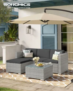 Gartenmöbel-Sets<SONGMICS Balkonmöbel aus PE-Polyrattan mit Kissen und Glastisch