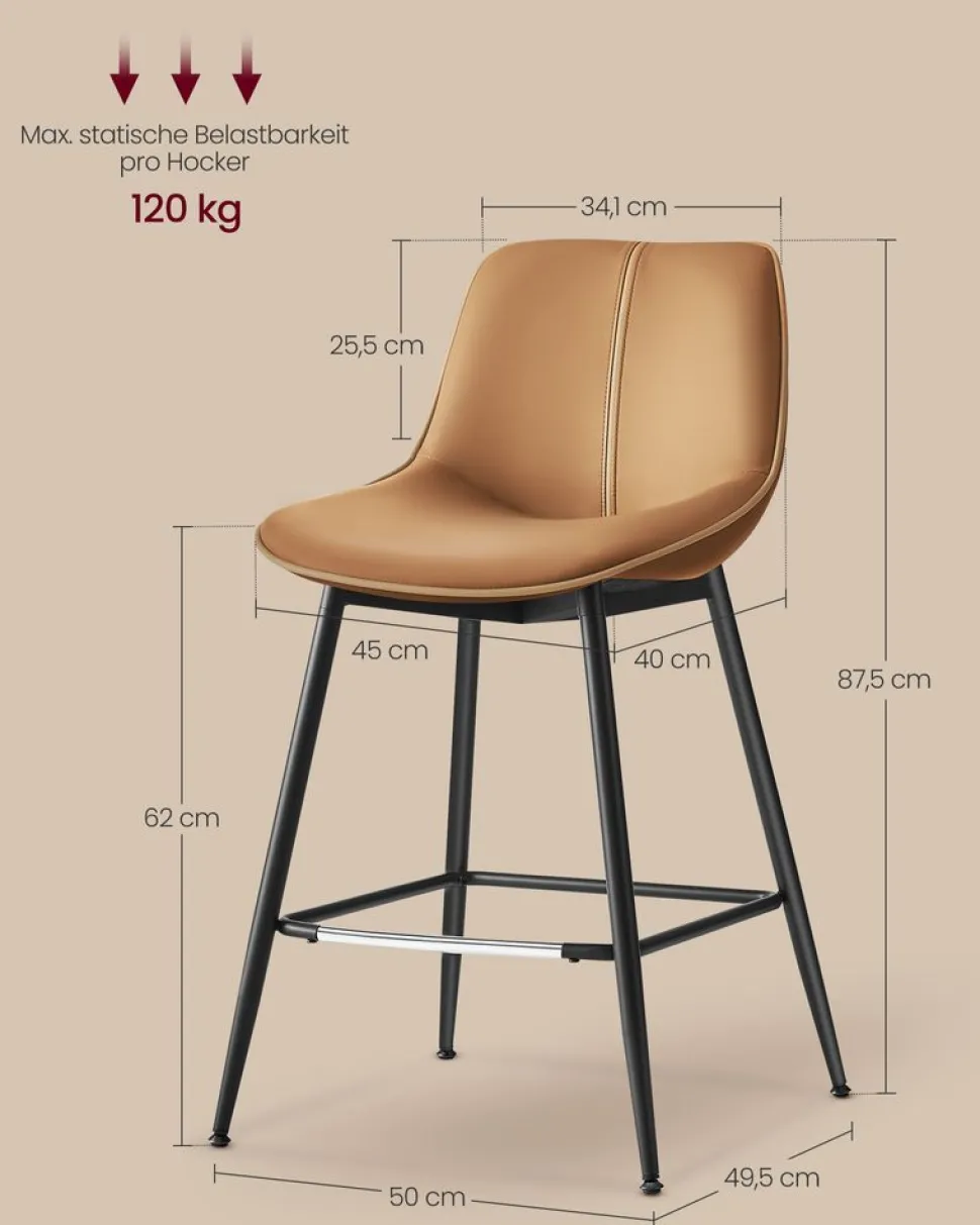 Barhocker<SONGMICS Barhocker 2er Set 62 cm hoch tintenschwarz