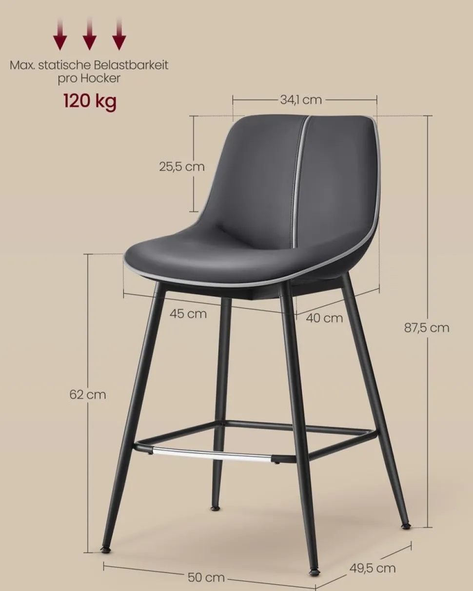 Barhocker<SONGMICS Barhocker 2er Set 62 cm hoch tintenschwarz