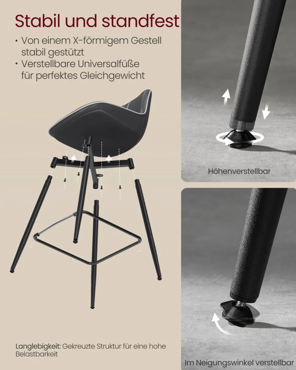 Barhocker<SONGMICS Barhocker 2er Set 62 cm hoch tintenschwarz