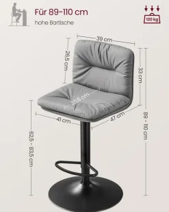 Barhocker<SONGMICS Barhocker 2er Set 360° drehbar grau