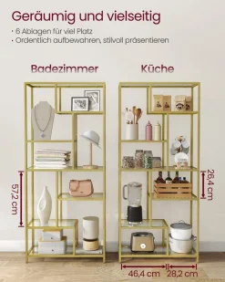 Bücherregale|Bücherregale<SONGMICS Bücherregal mit 6 Ablagen gold-transparent