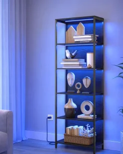 Bücherregale|Bücherregale<SONGMICS Bücherregal mit 6 Ebenen und Leuchten 30,3 x 60 x 178,6 cm