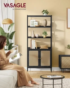 Aufbewahrungsregale<SONGMICS Bücherregal mit Türen in Rattan-Optik benholzschwarz-mattschwarz