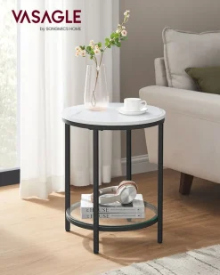 Couchtische<SONGMICS Beistelltisch 2 Ebenen in weißer Marmoroptik mit schwarzem Gestell