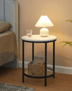 Couchtische<SONGMICS Beistelltisch 2 Ebenen in weißer Marmoroptik mit schwarzem Gestell