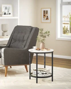 Couchtische<SONGMICS Beistelltisch 2 Ebenen in weißer Marmoroptik mit schwarzem Gestell