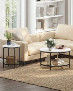 Couchtische<SONGMICS Beistelltisch 2 Ebenen in weißer Marmoroptik mit schwarzem Gestell