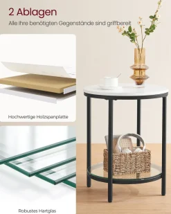 Couchtische<SONGMICS Beistelltisch 2 Ebenen in weißer Marmoroptik mit schwarzem Gestell