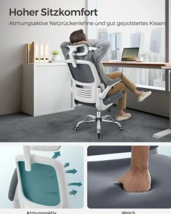 Drehstühle Mit Netzbespannung<SONGMICS Bürostuhl mit Lendenwirbelstütze und verstellbarer Kopfstütze tintenschwarz