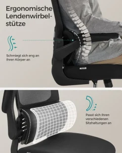 Drehstühle Mit Netzbespannung<SONGMICS Bürostuhl mit Lendenwirbelstütze und verstellbarer Kopfstütze tintenschwarz