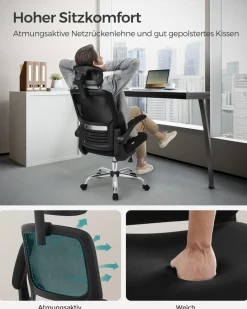 Drehstühle Mit Netzbespannung<SONGMICS Bürostuhl mit Lendenwirbelstütze und verstellbarer Kopfstütze tintenschwarz
