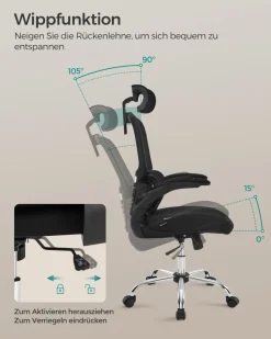 Drehstühle Mit Netzbespannung<SONGMICS Bürostuhl mit Lendenwirbelstütze und verstellbarer Kopfstütze tintenschwarz