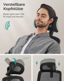 Drehstühle Mit Netzbespannung<SONGMICS Bürostuhl mit Lendenwirbelstütze und verstellbarer Kopfstütze tintenschwarz