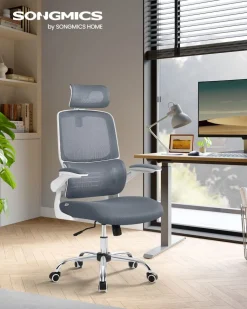 Drehstühle Mit Netzbespannung<SONGMICS Bürostuhl mit Lendenwirbelstütze und verstellbarer Kopfstütze tintenschwarz