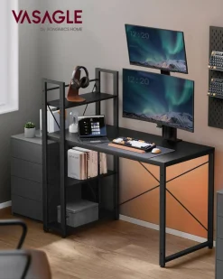 Computertische<SONGMICS Computertisch mit Regalböden einfacher Aufbau ebenholzschwarz