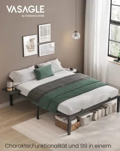 Bettgestell<SONGMICS Doppelbettgestell aus Metall 140 x 190 cm mit Aufbewahrungsregalen Klassikschwarz