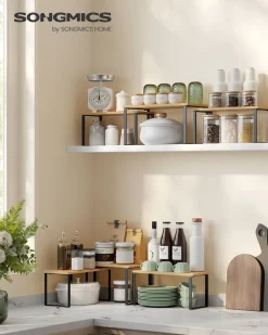 Pflanzenregale|Küchenregale<SONGMICS Gewürzregal 3er Set aus Metall und Bambus tintenschwarz-naturbeige