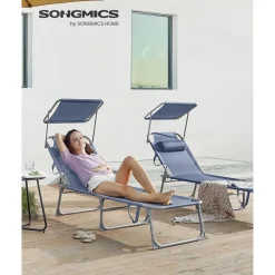 Campingstühle|Sonnenliegen<SONGMICS Klappbare Sonnenliege mit Sonnenschutz blau