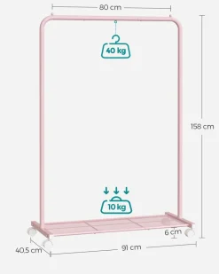 Kleiderständer<SONGMICS Kleiderständer 91 cm breit auf Rollen pastellrosa