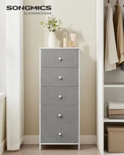Kleiderschränke|Aufbewahrungsregale<SONGMICS Kommode mit 5 Stoff-Schubladen schmal taubengrau-cremeweiß