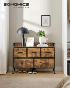 Flurschränke|Betttruhen<SONGMICS Kommode mit 5 Stoff-Schubladen vintagebraun-tintenschwarz