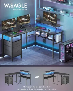 Computertische<SONGMICS L-förmiger Schreibtisch mit Steckdosen ebenholzschwarz