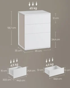 Nachttische<SONGMICS Nachttisch mit 3 Schubladen mattweiß-cappuccinobeige