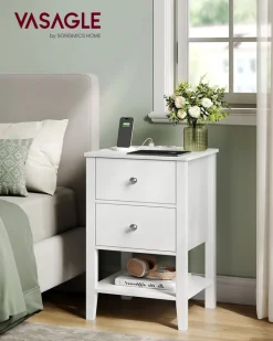 Nachttische<SONGMICS Nachttisch mit Ladefunktion und 2 Schubladen wolkenweiß