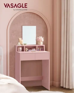 Kosmetikorganizer|Schminktische<SONGMICS Schminktisch mit Spiegel und 2 Schubladen pastellrosa
