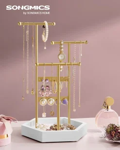 Schmuckständer<SONGMICS Schmuckhalter, 4 getrennte Bereiche aus Metall goldfarben-weiß Goldfarben + Weiß