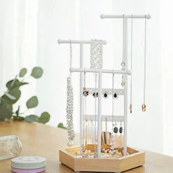 Schlafzimmer|Regale<SONGMICS Schmuckhalter aus Metall und Holz Weiß