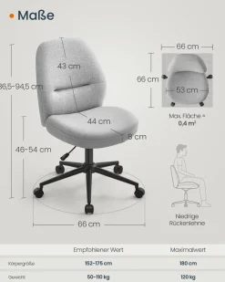 Arbeitshocker|Chefsessel<SONGMICS Schreibtischstuhl mit Sitzfläche und Fußkreuz taubengrau
