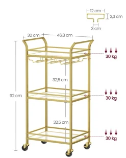 Servierwagen<SONGMICS Servierwagen 3 Ebenen mit Rollen goldfarben