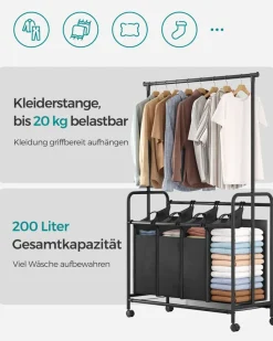 Wäschekörbe|Wäschekörbe<SONGMICS Wäschekorb 4 x 50 Liter auf Rollen mit Wäschesack abnehmbar schwarz