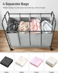 Wäschekörbe|Wäschekörbe<SONGMICS Wäschekorb 4 x 50 Liter auf Rollen mit Wäschesack abnehmbar schwarz