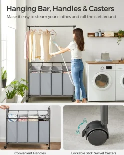 Wäschekörbe|Wäschekörbe<SONGMICS Wäschekorb 4 x 50 Liter auf Rollen mit Wäschesack abnehmbar schwarz