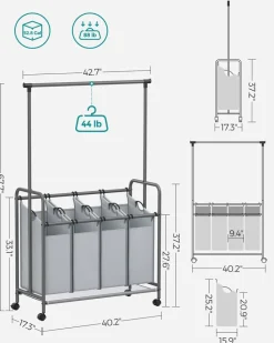 Wäschekörbe|Wäschekörbe<SONGMICS Wäschekorb 4 x 50 Liter auf Rollen mit Wäschesack abnehmbar schwarz