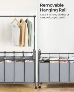 Wäschekörbe|Wäschekörbe<SONGMICS Wäschekorb 4 x 50 Liter auf Rollen mit Wäschesack abnehmbar schwarz