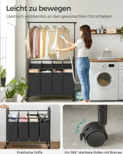 Wäschekörbe|Wäschekörbe<SONGMICS Wäschekorb 4 x 50 Liter auf Rollen mit Wäschesack abnehmbar schwarz