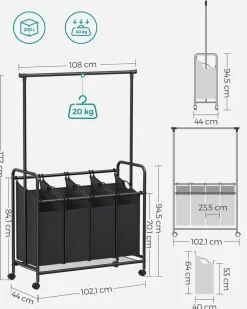 Wäschekörbe|Wäschekörbe<SONGMICS Wäschekorb 4 x 50 Liter auf Rollen mit Wäschesack abnehmbar schwarz