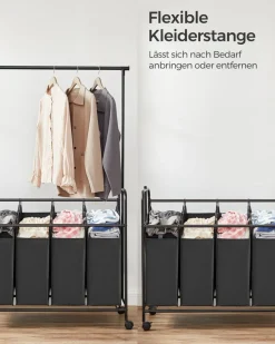 Wäschekörbe|Wäschekörbe<SONGMICS Wäschekorb 4 x 50 Liter auf Rollen mit Wäschesack abnehmbar schwarz