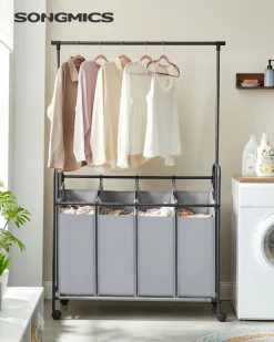 Wäschekörbe|Wäschekörbe<SONGMICS Wäschekorb 4 x 50 Liter auf Rollen mit Wäschesack abnehmbar schwarz