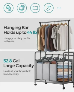 Wäschekörbe|Wäschekörbe<SONGMICS Wäschekorb 4 x 50 Liter auf Rollen mit Wäschesack abnehmbar schwarz