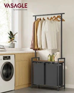 Wäschewagen<SONGMICS Wäschekorb 2 x 46 Liter mit Kleiderstange und Ablage 73 x 33 x 177 cm