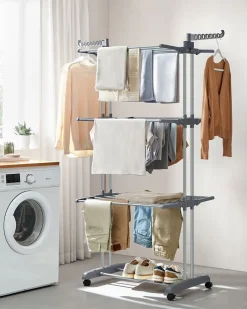 Wäscheständer<SONGMICS Wäscheständer 4 Ebenen mit klappbaren Flügeln und Rollen grau