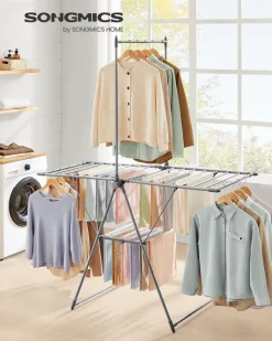 Wäscheständer<SONGMICS Wäscheständer mit 2 Ebenen und 2 Flügel grau
